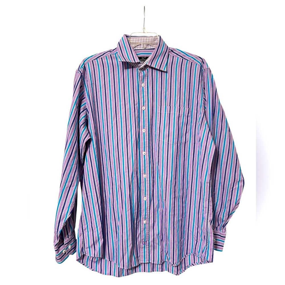 Men's Bugatchi Uomo multicolor vertical striped button-up dress shirt—XXL